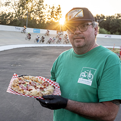 Chef Ryan Thompson at Hellyer Park Velodrome Pizza Pop-up.